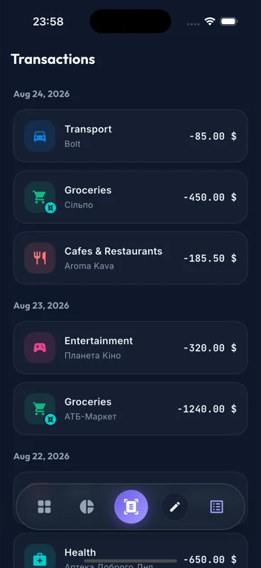 Qivvo Transactions and Bill Split Screen